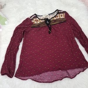 REWIND BLOUSE LONG SLEEVE BURGUNDY PRINT BOHO SZ M